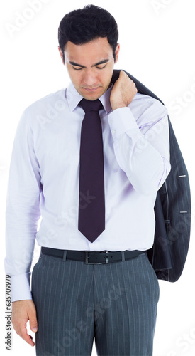 Digital png photo of biracial businessman holding his jacket on transparent background
