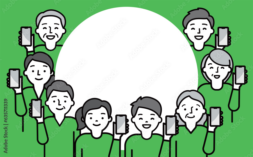 Naklejka premium シンプルおしゃれなスマホ・スマートフォン・携帯を持つ家族・ファミリーの人物ベクター横長フレーム_緑_中央コピースペース