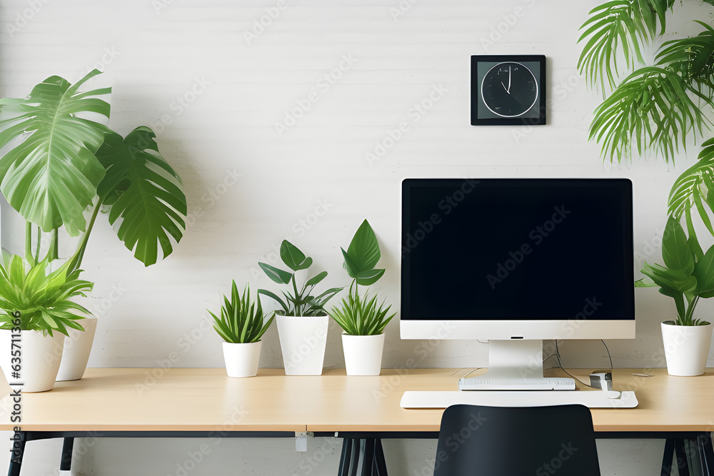 Blank screen of monitor in computer on wooden office desk in stylish business room with white wall and mock up. Light interior of office space with plants and laptop in vintage style. Blank screen of monitor in computer on wooden office desk in stylish business room with white wall and mock up. Light interior of office space with plants and laptop in vintage style.