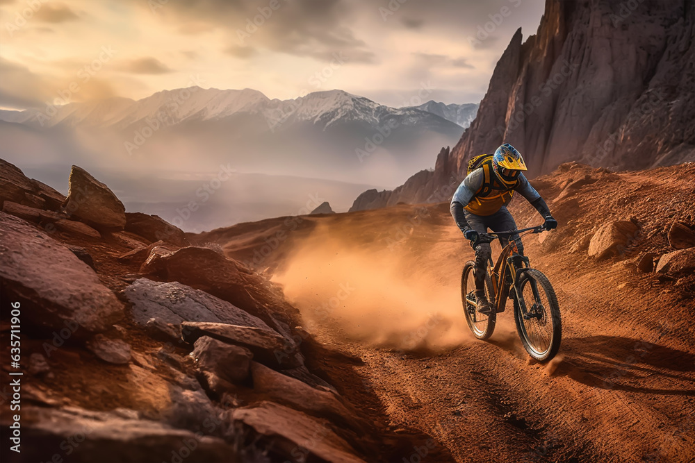 Cyclist riding a bicycle in the mountains Cyclist riding a bicycle in the mountains
