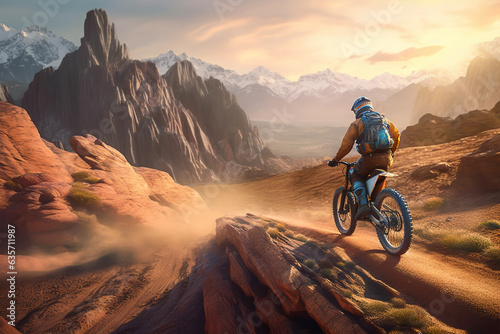 Cyclist riding a bicycle in the mountains