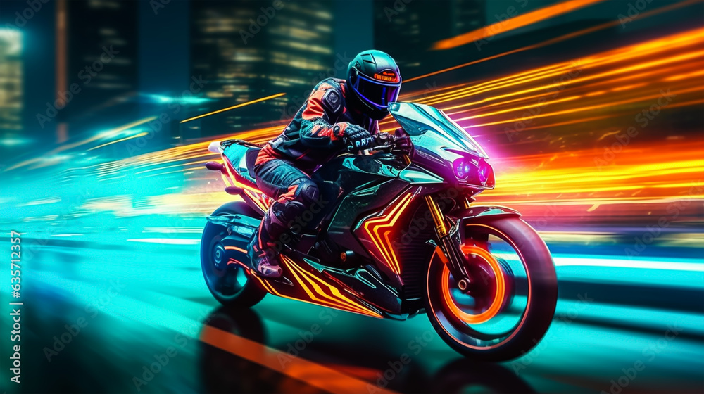 Motorcycle rider riding on the road at night with colorful neon light