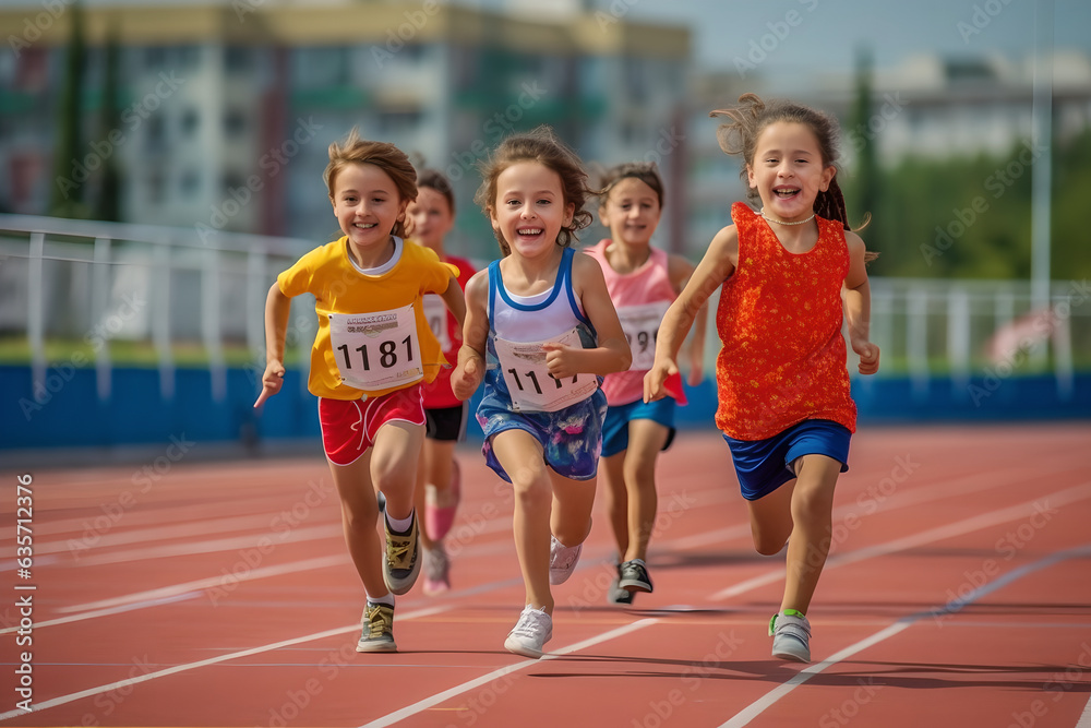 Group of children filled with joy and energy running on athletic track, children healthy active lifestyle concept Group of children filled with joy and energy running on athletic track, children healthy active lifestyle concept