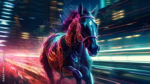 Horse in motion with neon lines