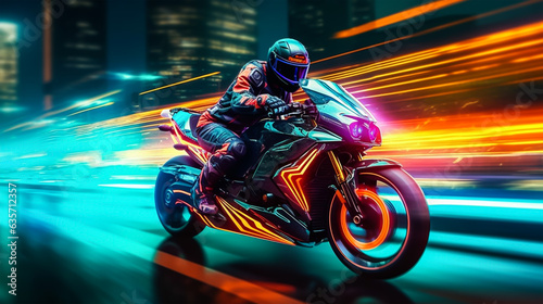 Motorcycle rider riding on the road at night with colorful neon light