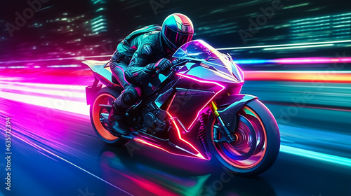 Motorcycle rider riding on the road at night with colorful neon light © Mr. Muzammil