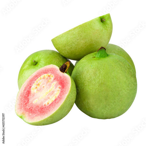 Guava is a tropical fruit with pink juicy flesh and a strong sweet aroma with leaf on a transparent background
