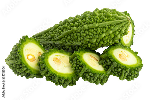 Fresh bitter gourd Bitter cucumber or bitter melon with cut slice isolated on a transparent background.