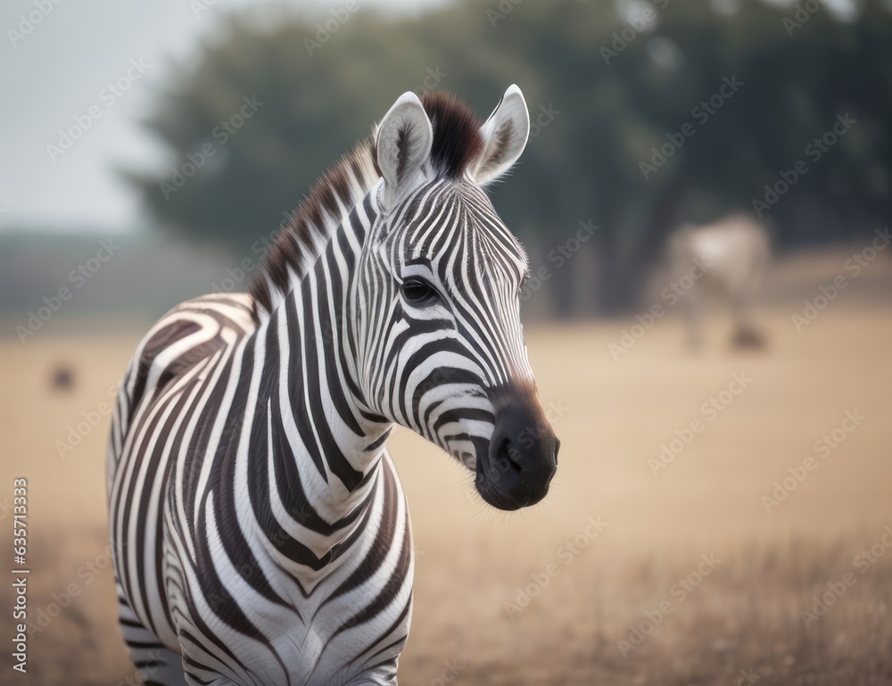 Naklejka premium illustration zebra in the savannah With a blurred background.generative AI
