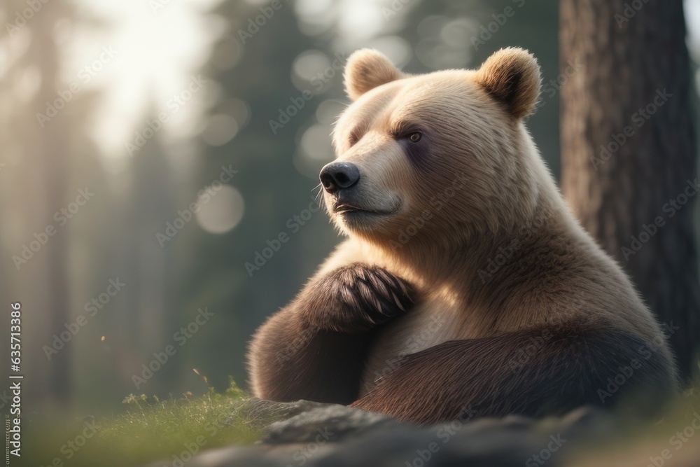 Illustration of a big bear with a warm pose against a blurred background.generative AI