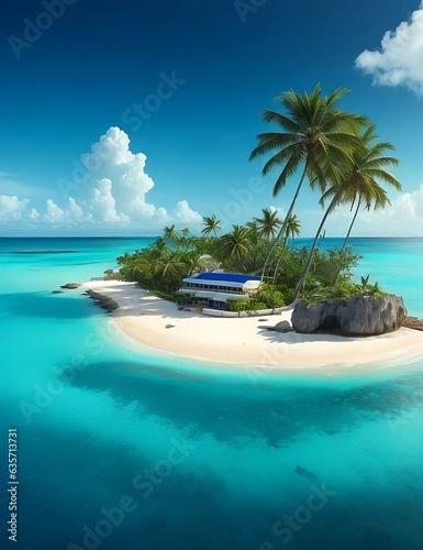 Tropical island with palm trees and blue sky