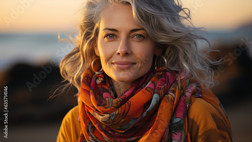 Elegance in Nature: Graceful Woman with Grey Hair and Scarf Outdoors