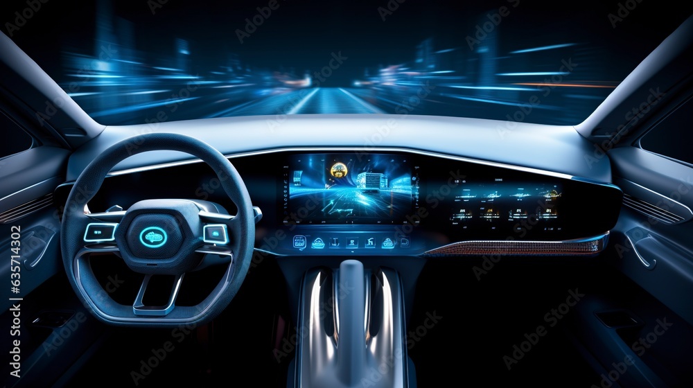 A futuristic modern electric car dashboard, interior, digital technology background 