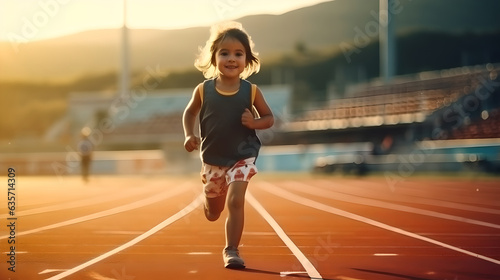 A little child in motion, running with uncontainable enthusiasm on an athletic track, embodying the boundless energy and dreams of youth