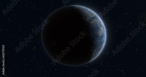 Abstract realistic space spinning planet round sphere with a water surface in space against the background of stars