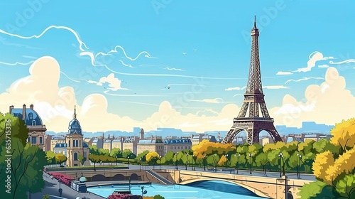 Sunny Day in Paris Vector Illustration.