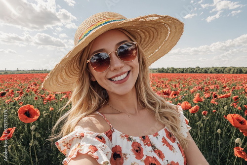 selfie of a young woman in a red poppy field, generative ai