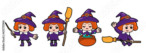 Set of cute Witch cartoon characters . Halloween concept . Isolate white background . Vector .