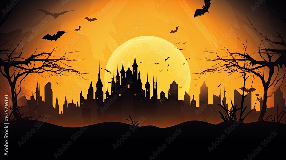 Spooky Halloween poster with a haunted houses and graveyard. Scary and eerie atmosphere.