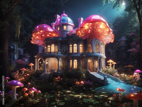 a colorful palace with colorful mushrooms and jellyfish  a Wonderful palace with flying jellyfish. palace in the dark jungle