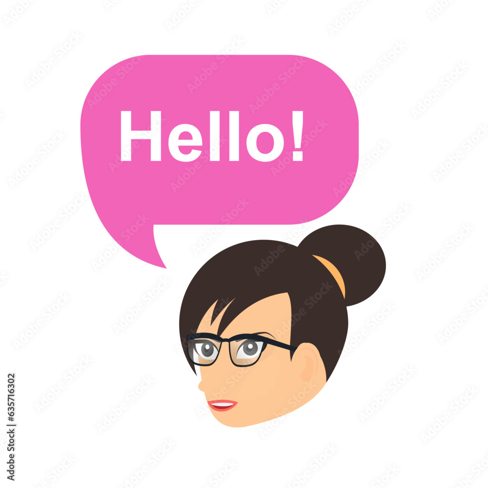 Woman says hello. Woman greeting, chatting greetings, vector illustration Woman says hello. Woman greeting, chatting greetings, vector illustration