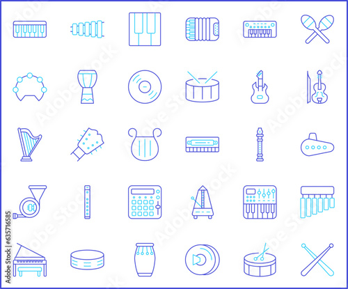 Simple Set of music instrument Related Vector Line Icons. Vector collection of sound, piano, guitar, accordion, oboe, saxophone, drum, marimba, xylophone and design elements symbols