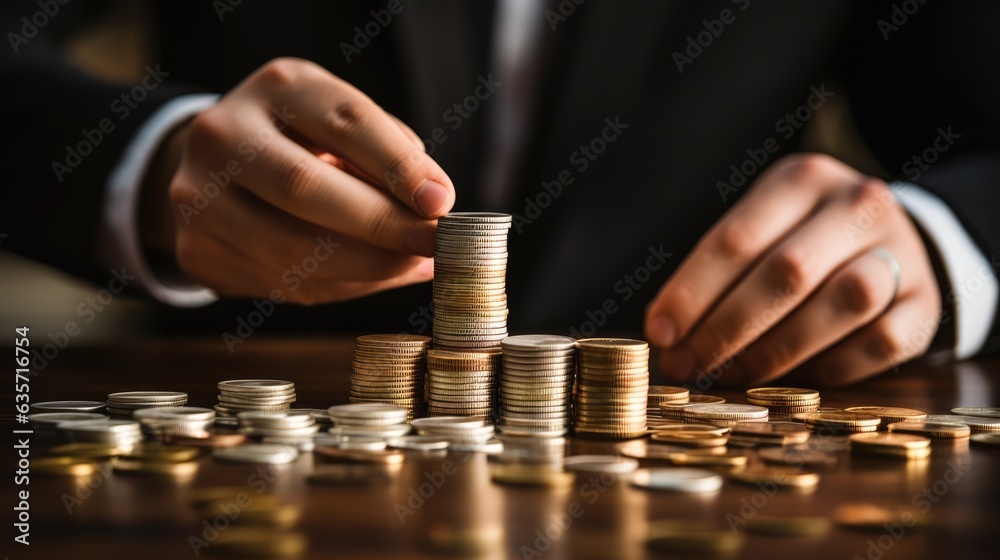 Piggy bank closeup with stacked coins on the table, piggy bank saving money financial concept background