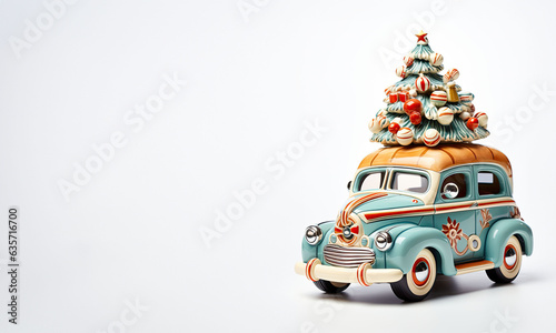 Intricately designed vintage car toy adorned with a detailed Christmas tree, set against a white backdrop.