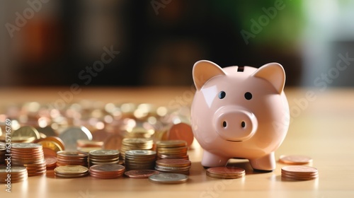 Piggy bank closeup with stacked coins on the table, piggy bank saving money financial concept background