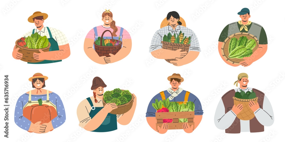 Fototapeta premium Collection of farmers holding baskets with fresh vegetables and fruits. Farming and agriculture concept. Work and harvest. Flat cartoon style vector illustration isolated on white background.