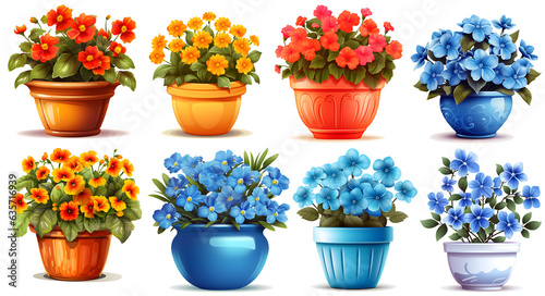 set of pot with flowers on transparent background, generated ai