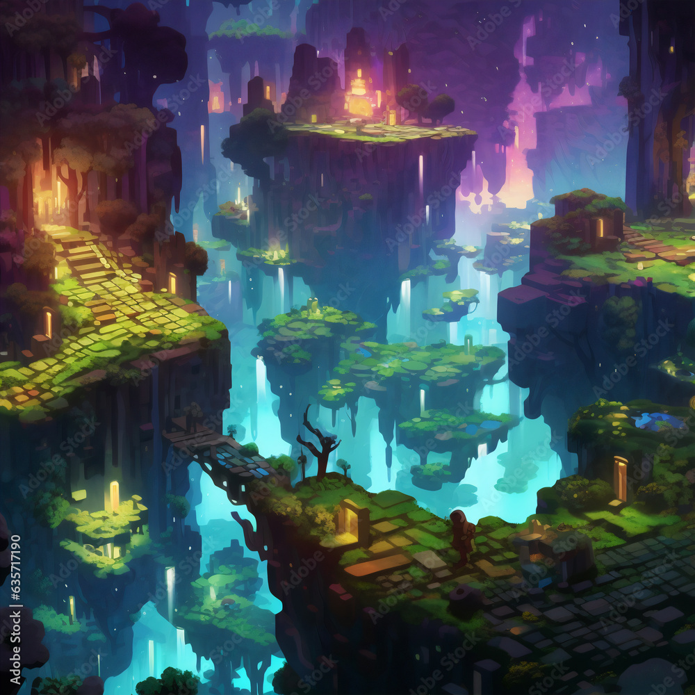 Enchanted Labyrinth: A Dreamy 3D Isometric Floating Island Maze. Generative AI
