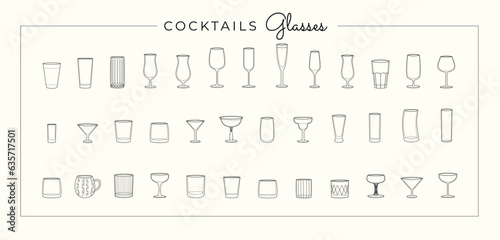 Vector line art set of alcohol glasses. Vector illustration