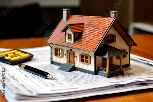 Real estate inspection report laying on table, real estate broker agent with house model. Concept of new housing, real estate and mortgage