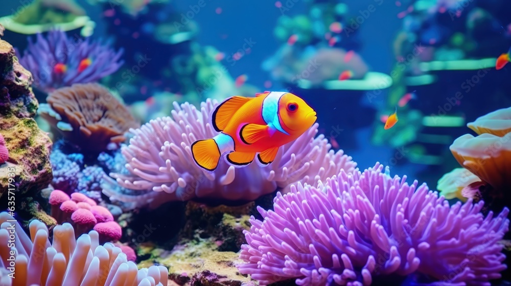 nemo fish in aquarium with reef 
