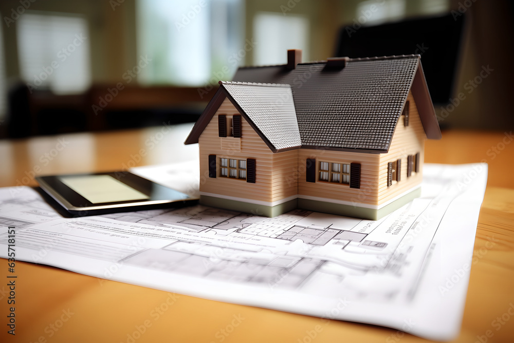 Real estate inspection report laying on table, real estate broker agent with house model. Concept of new housing, real estate and mortgage