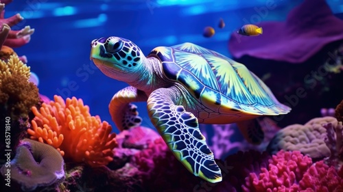 green sea turtle swimming under water coral beautiful