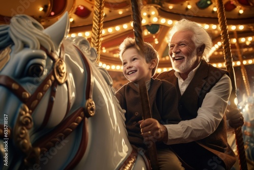 in carousel grandfather and grandson playing in carousel