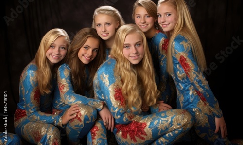 Photo of a group of girls wearing blue and gold pajamas