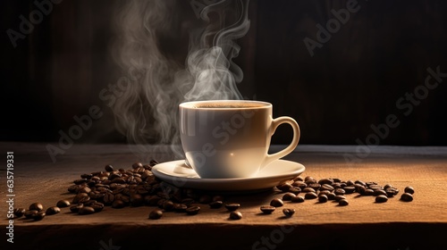 cup of coffee with beans and smoke