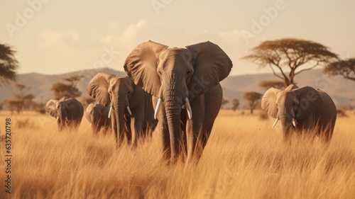 herd of elephants in the savannah walking on grass
