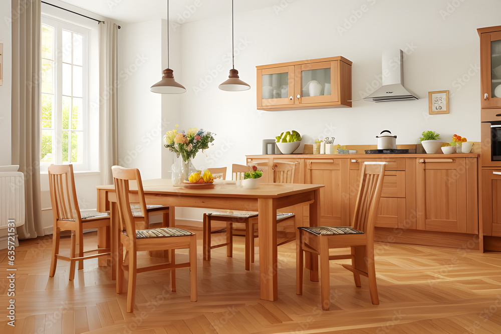 Wooden kitchen room with dining table and chairs, parquet floor Wooden kitchen room with dining table and chairs, parquet floor