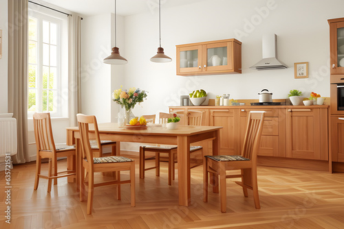 Wooden kitchen room with dining table and chairs, parquet floor