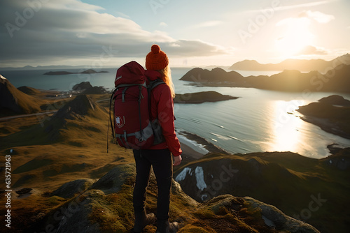 Back view hiker woman with backpack and cap on top of the mountain looking down the sea. Young woman exploring the coast