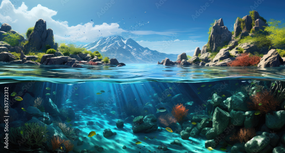 Underwater view of beautiful coral reef and tropical fish. Underwater world. created by generative AI technology. - obrazy, fototapety, plakaty 