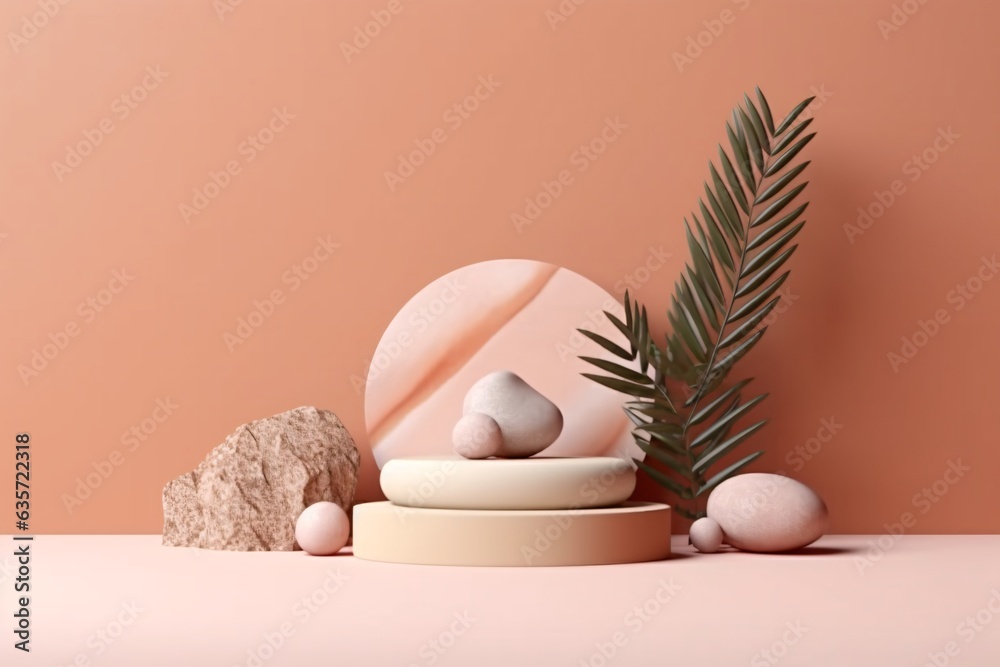 Fototapeta premium Podium for product presentation. Podiums with plants and copy space. Minimal geometric background. Podium for product presentation with leaves and branch.