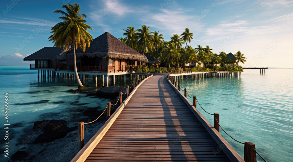 Beautiful tropical Maldives resort hotel and island with beach and sea. created by generative AI technology.