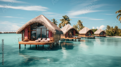 tropical beach with water bungalows and coconut palm trees. created by generative AI technology.