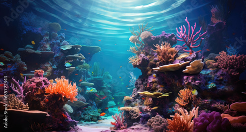 Underwater landscape with corals and tropical fish. 3D illustration. created by generative AI technology. © hakule