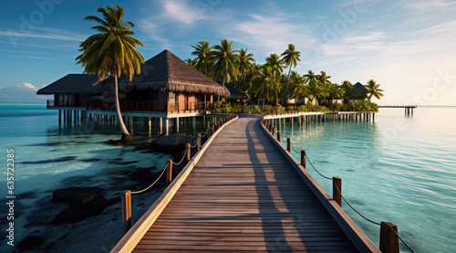 Beautiful tropical Maldives resort hotel and island with beach and sea. created by generative AI technology. © hakule